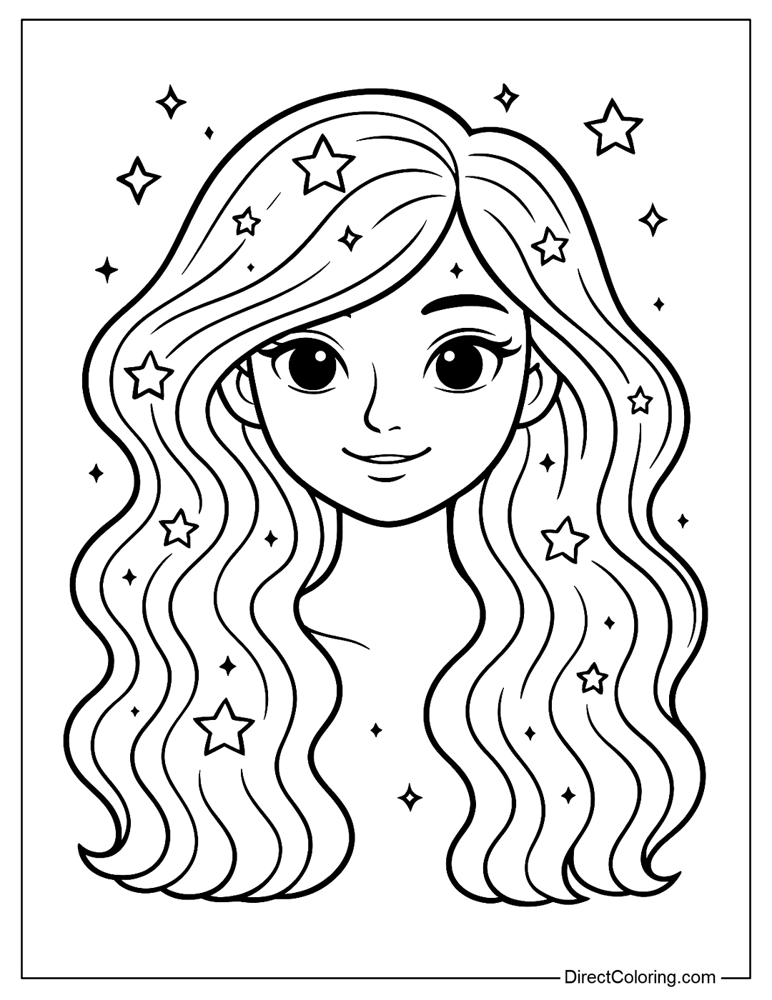 Coloring Page Girl with long, wavy hair like the Milky Way, with small sparkling stars scattered throughout her hair.